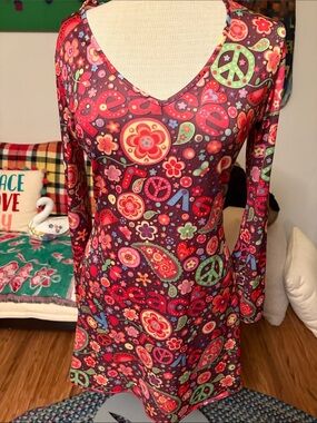 Retro Floral Peace-Sign Love Flower Power Long Sleeve Dress